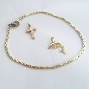 Gold pendants cross & dolphin w/ bracelet or anklet